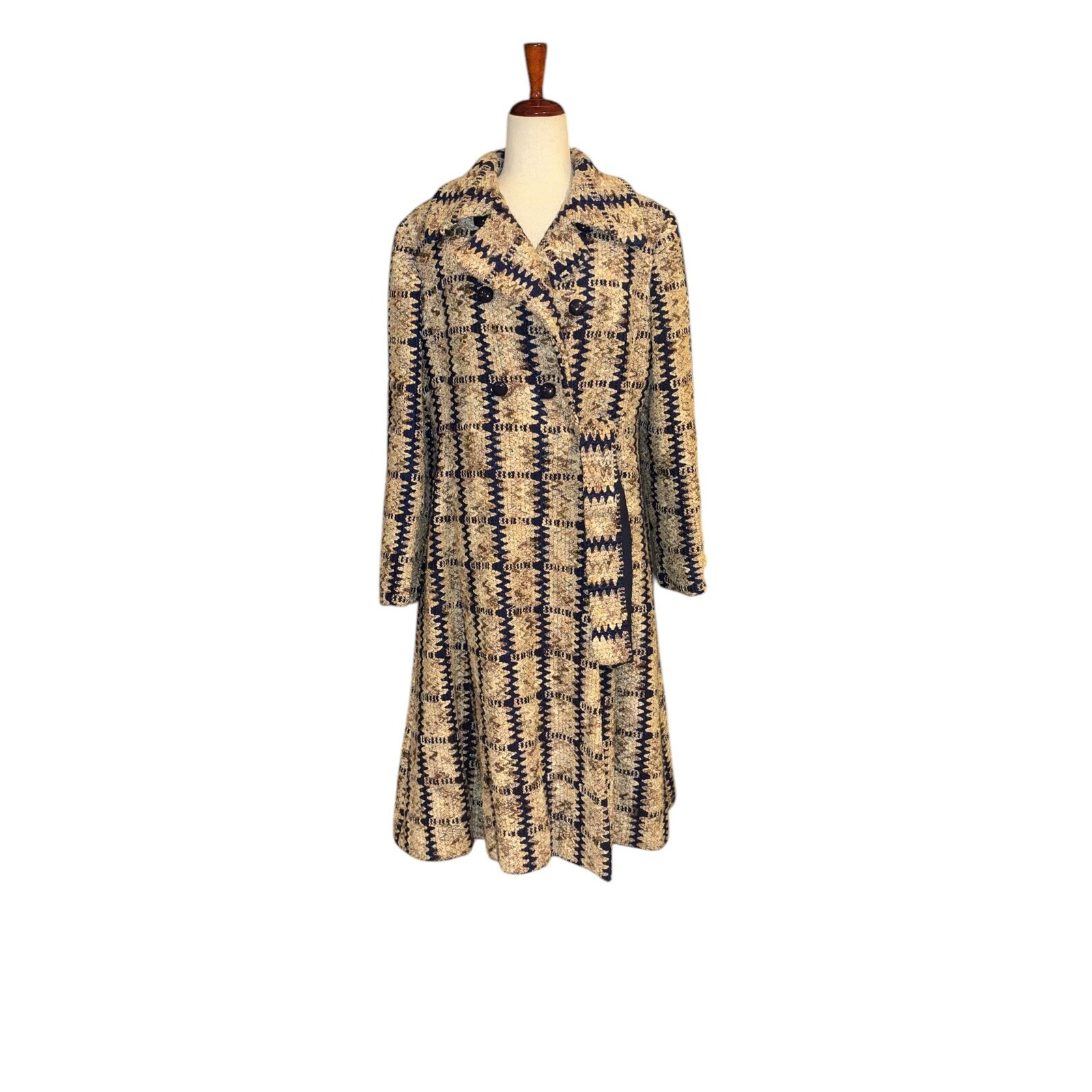 Vtg Davidow Tan Blue Brown Chunky Tweed Coat Halle Bro Union Made Women's Sz M/L